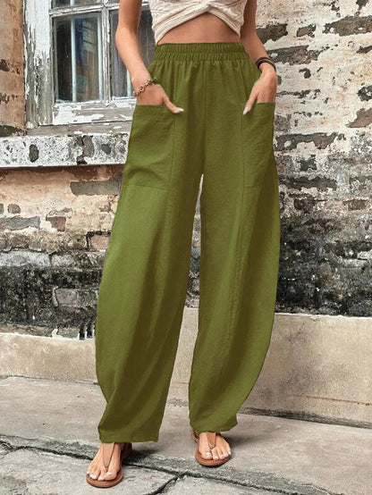 Pantalon ample grande taille avec poches élastiques et couleur unie 