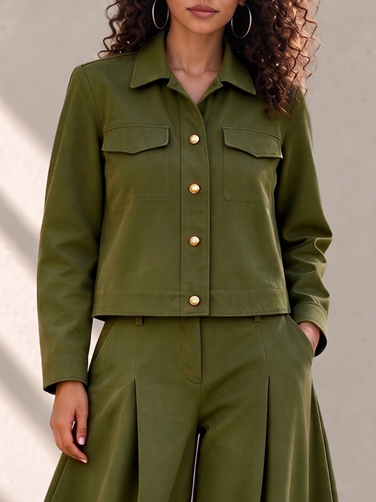 Split-Joint Solid Color Pockets Buttoned Long Sleeves Cropped Lapel Outerwear