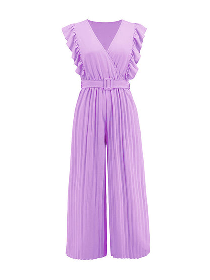High Waisted Loose Belted Pleated Ruffled Solid Color V-Neck Jumpsuits