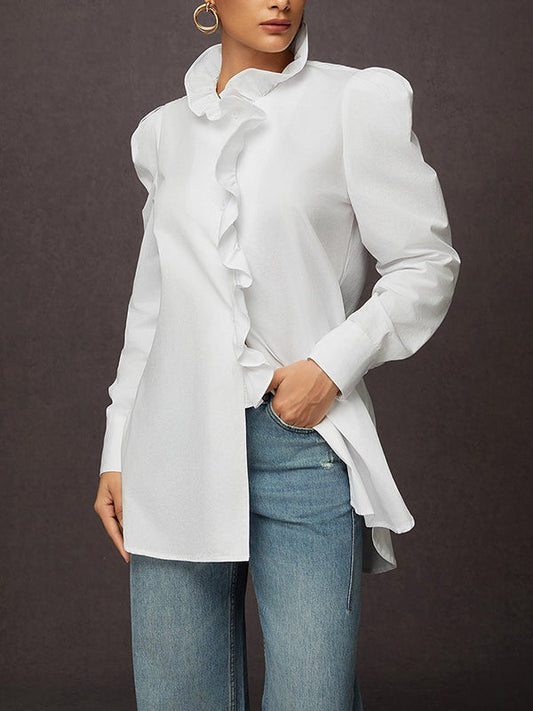 Loose Puff Sleeves Ruffled Solid Color Split-Joint Stand Collar Blouses&Shirts Tops