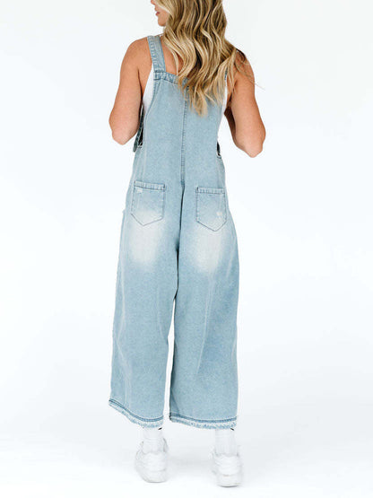 Cropped Wide Leg Buttoned Pockets Solid Color Adjustable Straps Overalls