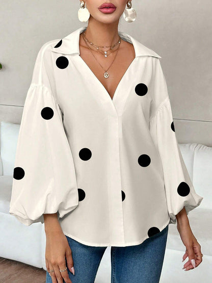 Long Sleeves Loose Contrast Color Pleated Polka Dot Split-Joint Lapel Blouses&Shirts Tops