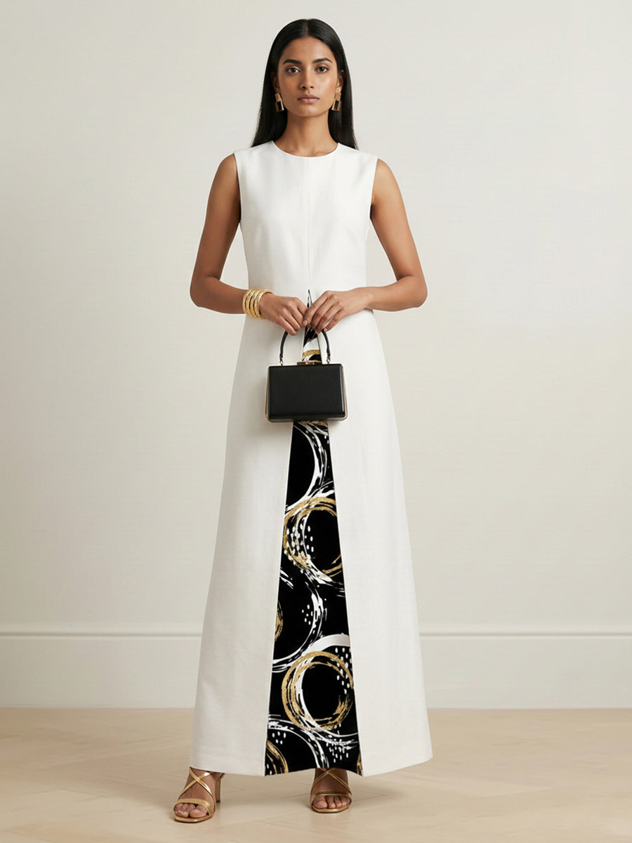 A-Line Long Sleeves Contrast Color Printed Split-Front Split-Joint Round-Neck Maxi Dresses