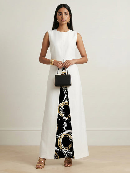 A-Line Long Sleeves Contrast Color Printed Split-Front Split-Joint Round-Neck Maxi Dresses