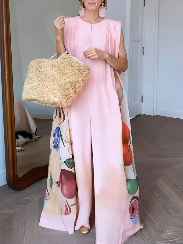 Loose Sleeveless Flower Print Round-Neck Jumpsuits PINK