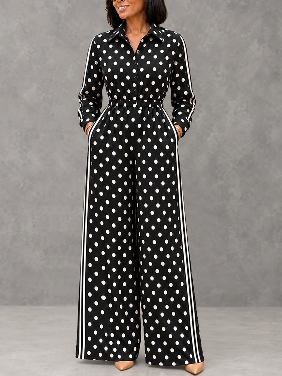 Striped Split-Joint Polka-Dot Pockets Contrast Color Buttoned Wide Leg Long Sleeves Lapel Jumpsuits