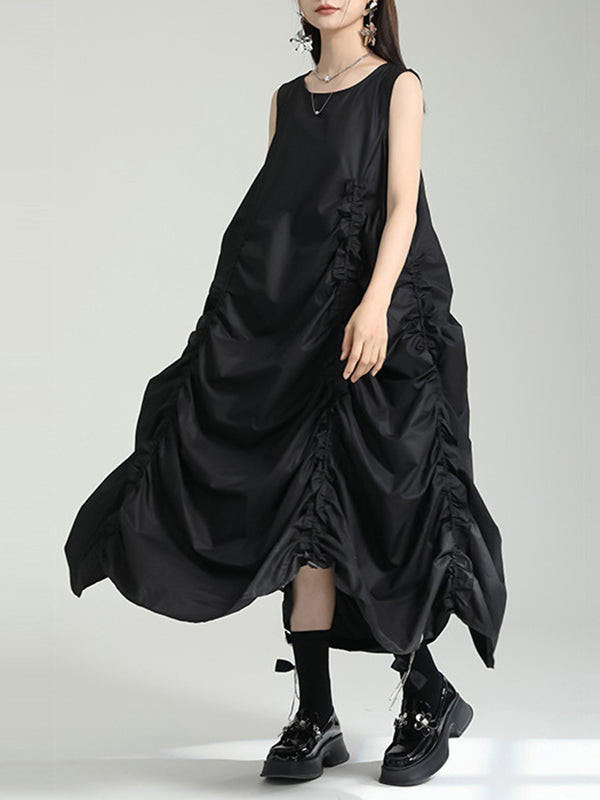 Robe mi-longue ample sans manches, asymétrique, élastique, plissée, couleur unie, col rond 