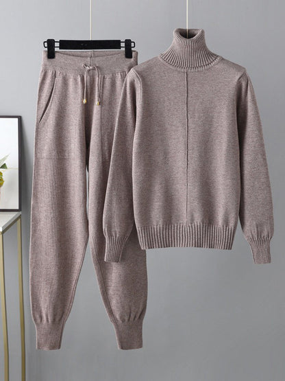Casual Solid Long Sleeves High-Neck Sweater Tops & Drawstring Wide Leg Pants Suits