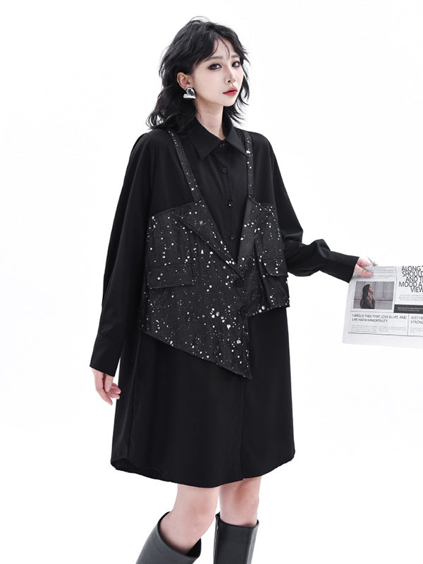 False Two Hipster Asymmetric Split-Joint Textured Lapel Collar Mini Dresses