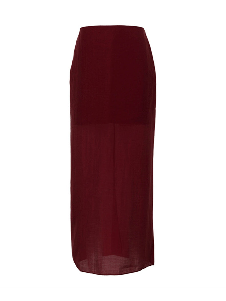 Bodycon High Waisted See-Through Solid Color Split-Joint Skirts Bottoms