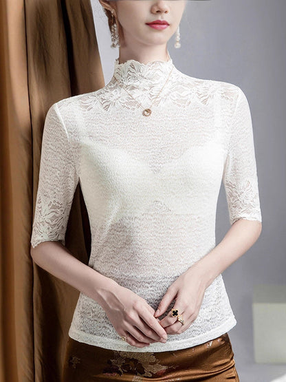 False Two Half Sleeves Slightly Sheer Split-Joint Textured High Neck T-Shirts Tops