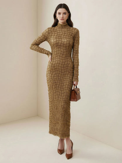 Bodycon Long Sleeves Checkered Solid Color Textured Zipper Half Turtleneck Maxi Dresses
