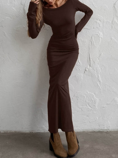 Bodycon High Waisted Backless Solid Color Round-Neck Maxi Dresses