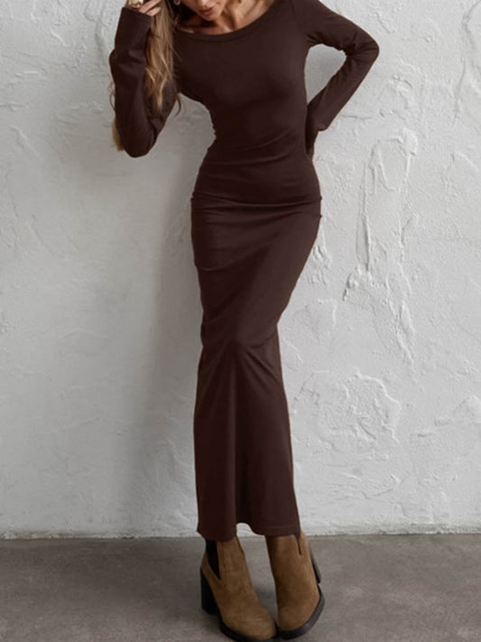 Bodycon High Waisted Backless Solid Color Round-Neck Maxi Dresses