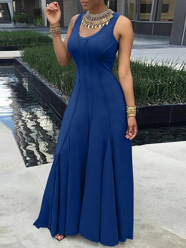 Plus Size Sleeveless Solid Color Split-Joint U-Neck Maxi Dresses