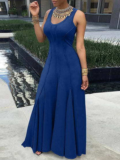 Plus Size Sleeveless Solid Color Split-Joint U-Neck Maxi Dresses