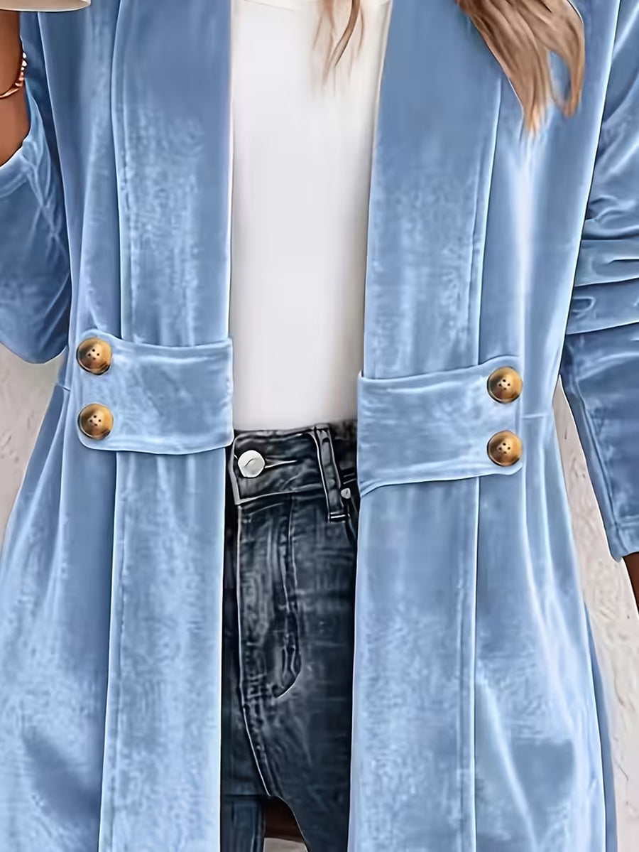 Velvet Solid Color Buttoned Loose Long Sleeves Collarless Outerwear