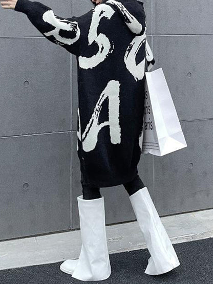Long Sleeves Loose Knitted Letters Pockets Hooded Mini Dresses Sweater Dresses