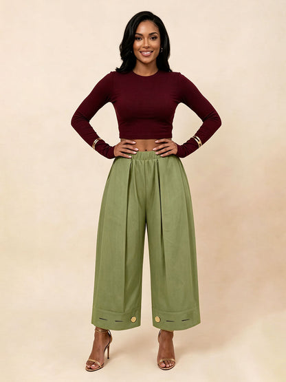 Solid Color Pockets Pleated Elasticity Buttoned Wide Leg Loose Trousers Pants