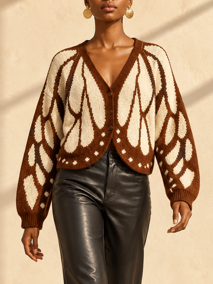 Contrast Color Butterfly Loose Long Sleeves V-neck Cardigan Tops