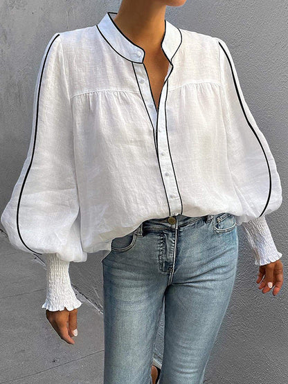Long Sleeves Loose Buttoned Contrast Color Elasticity Split-Joint Round-Neck Blouses&Shirts Tops