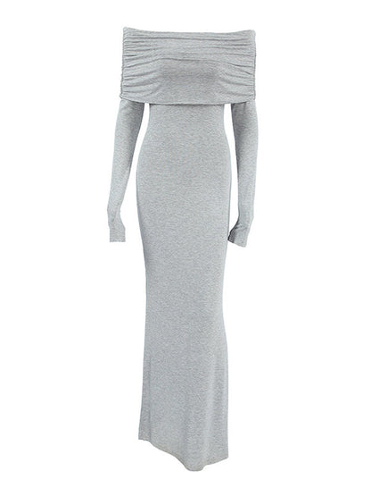 Robe de soirée longue à manches longues, plissée, moulante, couleur unie, fendue, épaules dénudées 