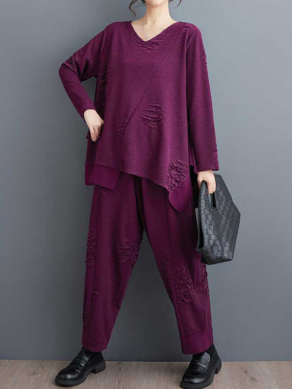 Long Sleeves Asymmetric Solid Color Split-Joint V-Neck T-Shirts Top + Harem Pants Elasticity Pants Bottom Two Pieces Set