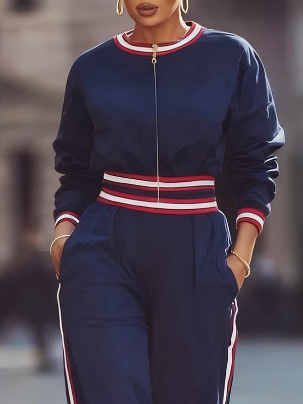High Waisted Long Sleeves Pockets Striped Zipper Round-Neck Jumpsuits