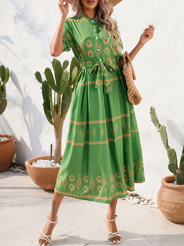 A-Line Half Sleeves Buttoned Tied Waist Lapel Midi Dresses