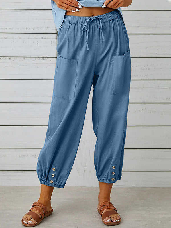 High Waisted Loose Buttoned Drawstring Elasticity Pockets Split-Joint Ninth Pants Trousers