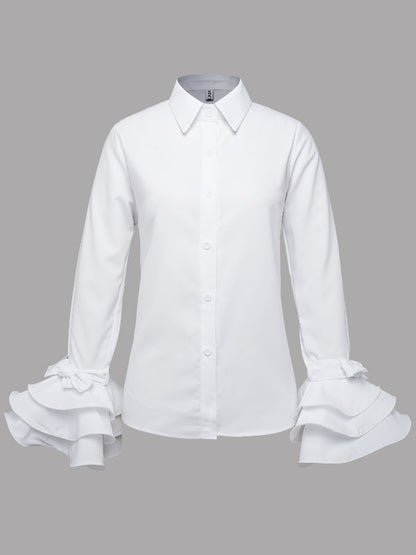 Flared Sleeves Bow-Embellished Falbala Solid Color Lapel Blouses&Shirts Tops