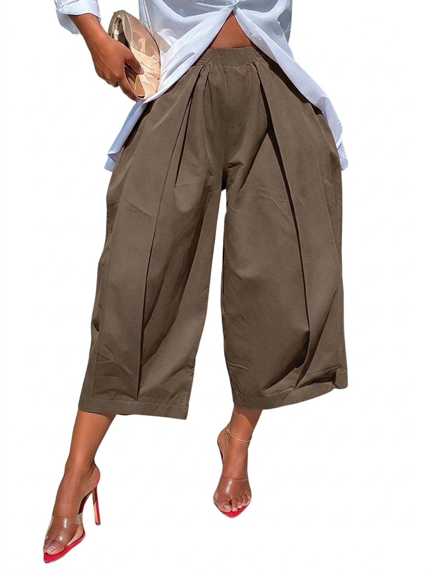 Solid Color Pockets Pleated Wide Leg Loose Pants