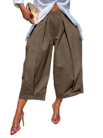 Solid Color Pockets Pleated Wide Leg Loose Pants