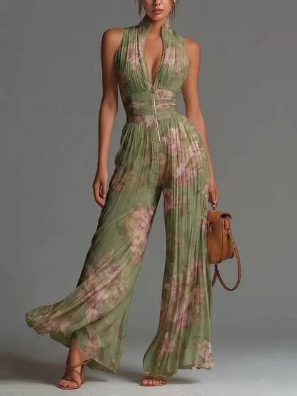 High Waisted Sleeveless Flower Print Pleated Zipper V-Neck Jumpsuits