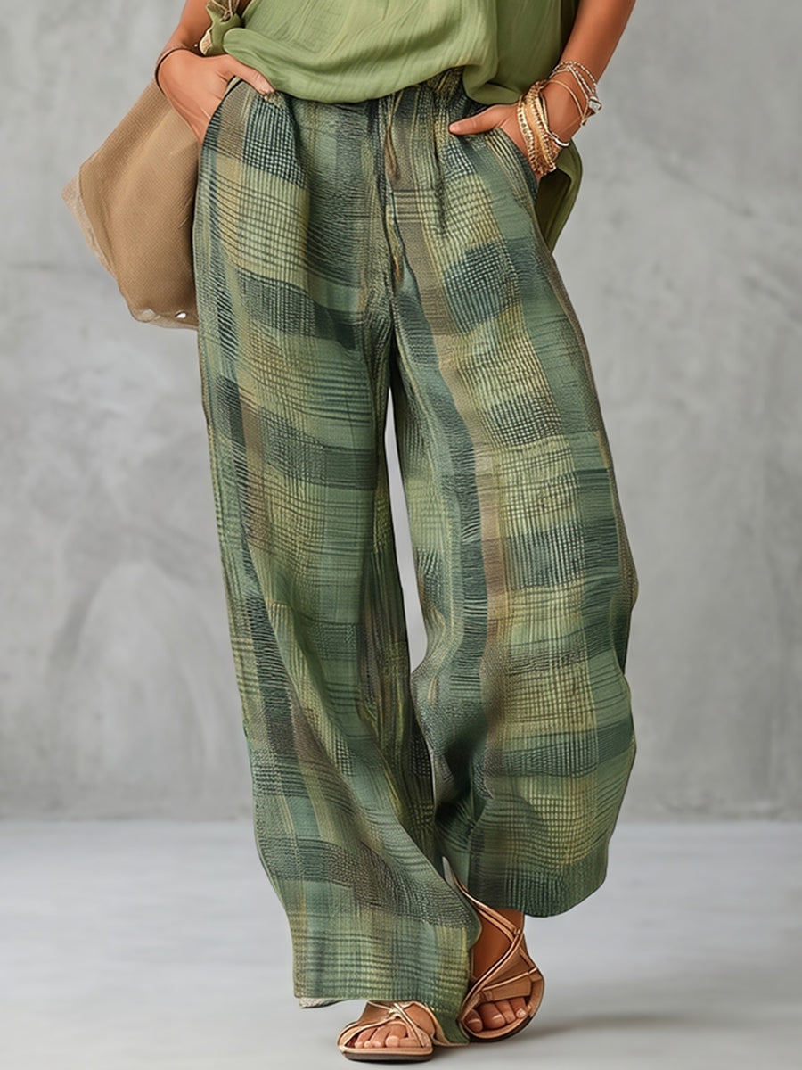 High Waisted Loose Contrast Color Plaid Pockets Pants Trousers