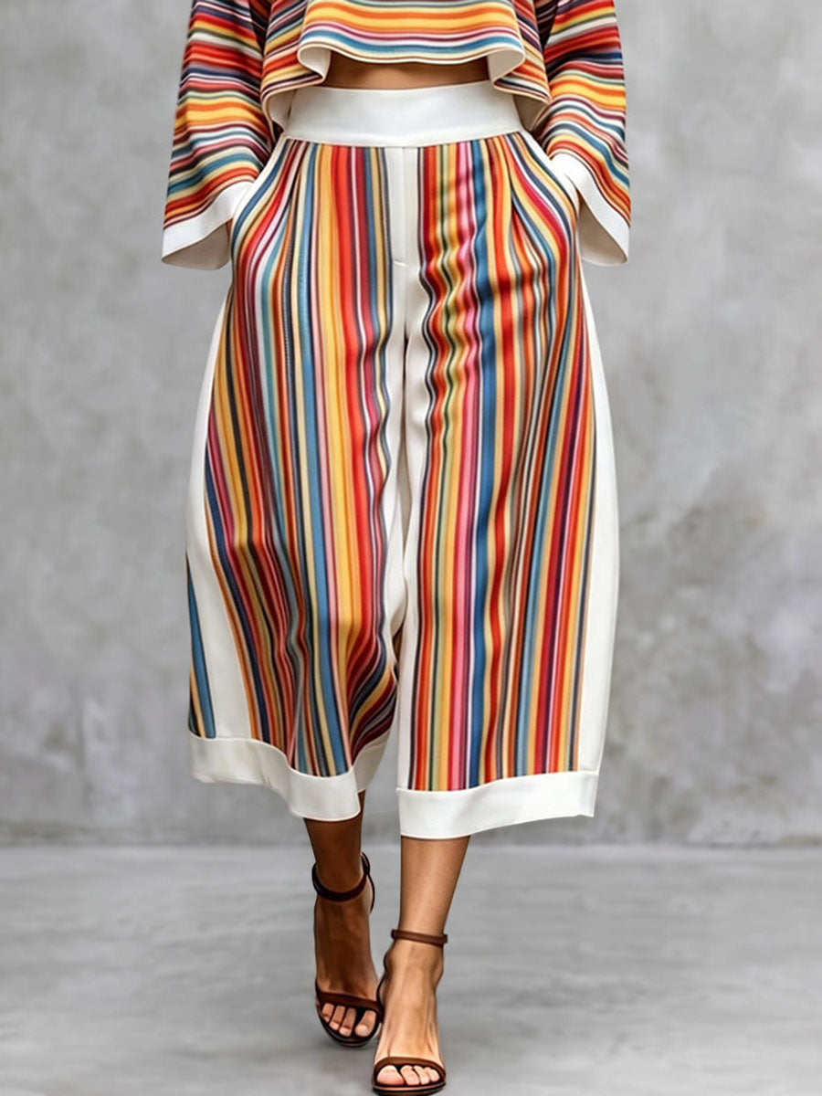 Striped Pockets Colorful Wide Leg Loose Cropped Trousers