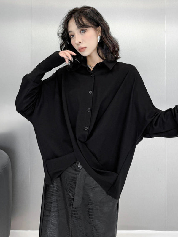 Hipster Irregularity Buttoned Solid Color Twist Lapel Collar Blouses&Shirts Tops