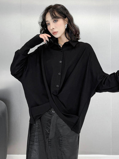 Hipster Irregularity Buttoned Solid Color Twist Lapel Collar Blouses&Shirts Tops