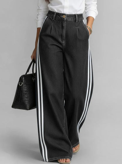 High Waisted Wide Leg Pockets Solid Color Striped Jean Pants Bottoms
