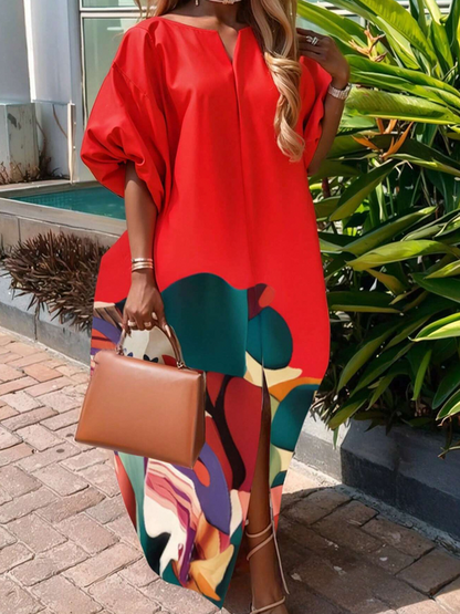 Loose Puff Sleeves Elasticity Flower Print Split-Front Round-Neck Maxi Dresses