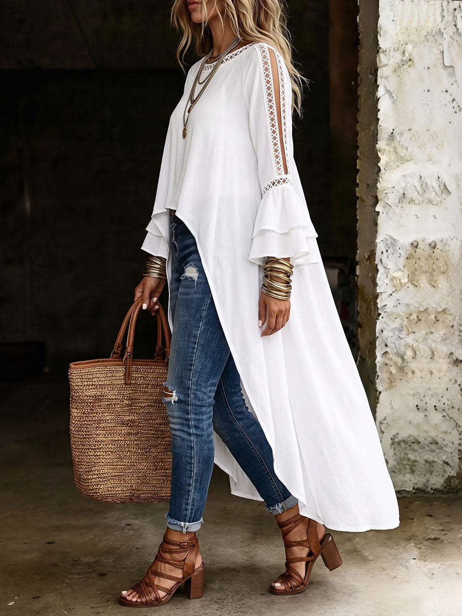 Solid Color Hollow Ruffle Sleeves Long Sleeves Round-neck Blouses&shirts Tops