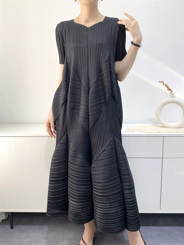 Loose Short Sleeves Pleated Solid Color Split-Joint V-Neck Midi Dresses BLACK One_size