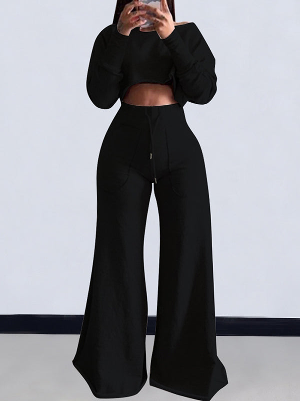 Loose Solid Color Long Sleeves T-Shirt + Drawstring Wide Leg Pants Trousers Two Pieces Set