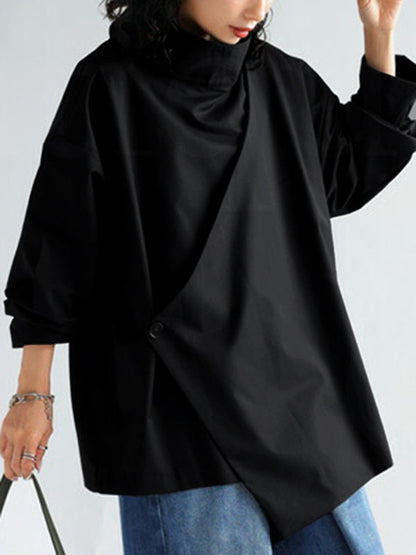 Long Sleeves Loose Solid Color High Neck T-Shirts Tops