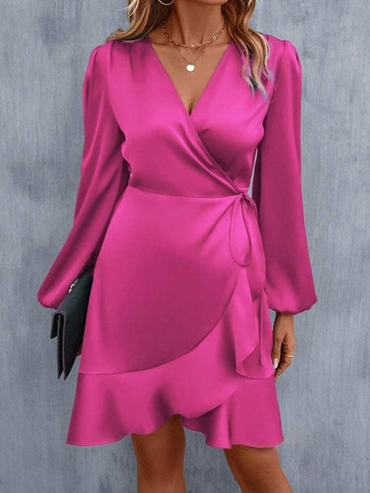 Mini-robes taille haute, plissées, élastiques, couleur unie, fendues, nouées, col en V 