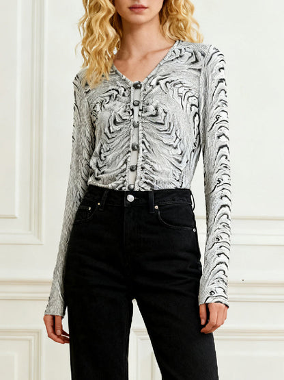 Long Sleeves Buttoned Elasticity Pleated V-Neck Blouses&Shirts Tops