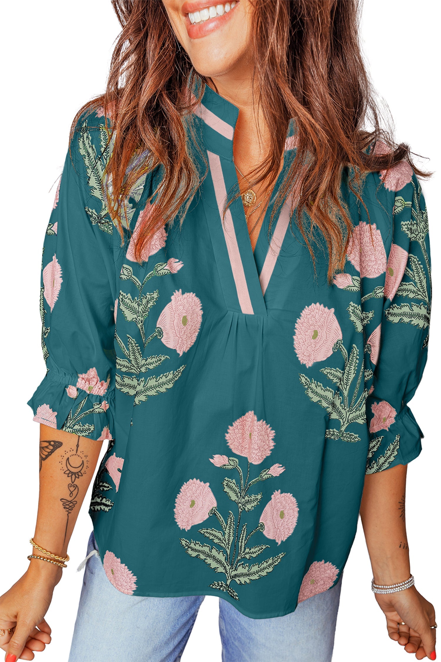 Casual Wild Flower Print V Neck 3/4 Sleeve Blouse