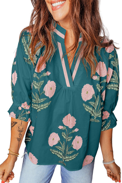 Casual Wild Flower Print V Neck 3/4 Sleeve Blouse