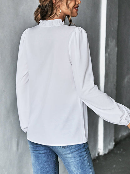 Lange Ärmel, lockere, gerüschte, einfarbige Blusen und Hemden mit V-Ausschnitt 