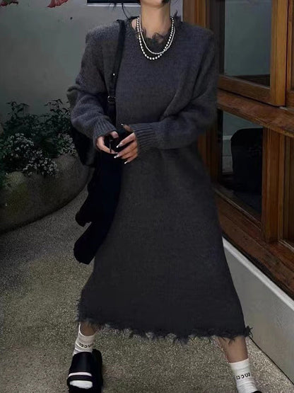 High Waisted Long Sleeves Fringed Solid Color Round-Neck Midi Dresses Sweater Dresses